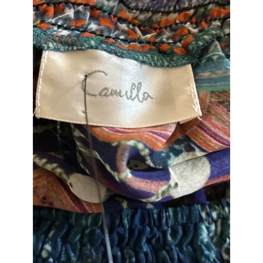 CAMILLA off shoulder or Silk Blouse crystals blue red open sleeve Shirred Cuff L - Picture 13 of 13
